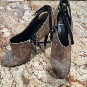 Brian Atwood Gold and Black Glitter heeled Booties 9